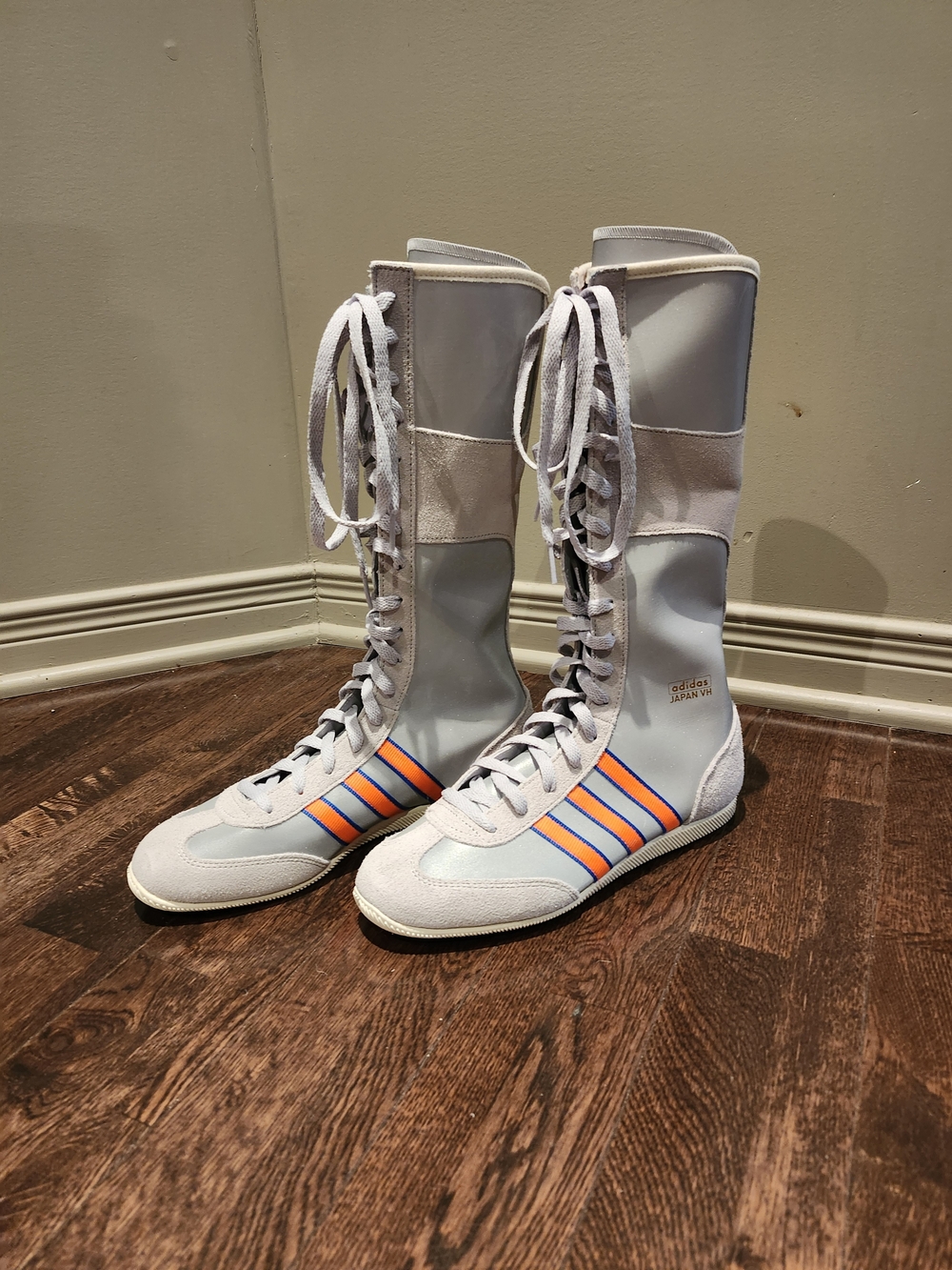 adidas Women's Light Gray Lace-Up High-Top Boots with Orange & Blue Stripes